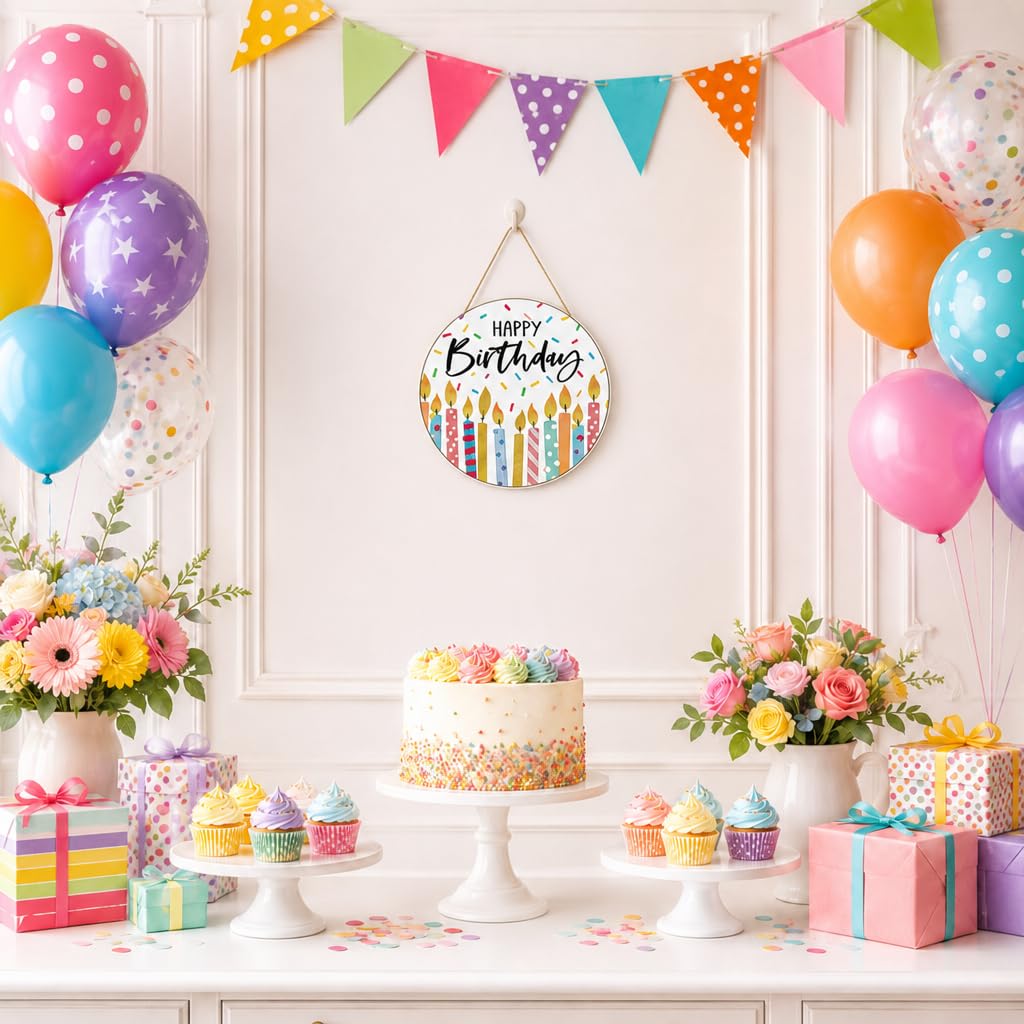 Smile 'Happy Birthday' drewniany okrągły wieszak na drzwi, kolorowe kropki konfetti znak na drzwi na przyjęcie urodzinowe dom drzwi wejściowe dekoracje ścienne