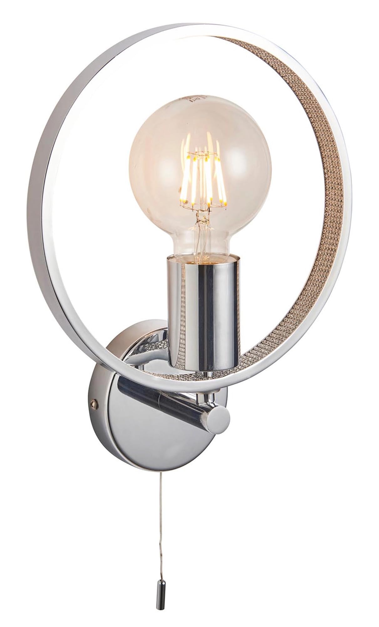 National Lighting Hoop Wall Light - Chrome IP44 Rated, Bathroom Wall Lamp, Dimmable Bathroom Lamp with Pull Cord - Modern Circular Steel Aluminium Acrylic Fitting, E27 LED Compatible Indoor Sconce
