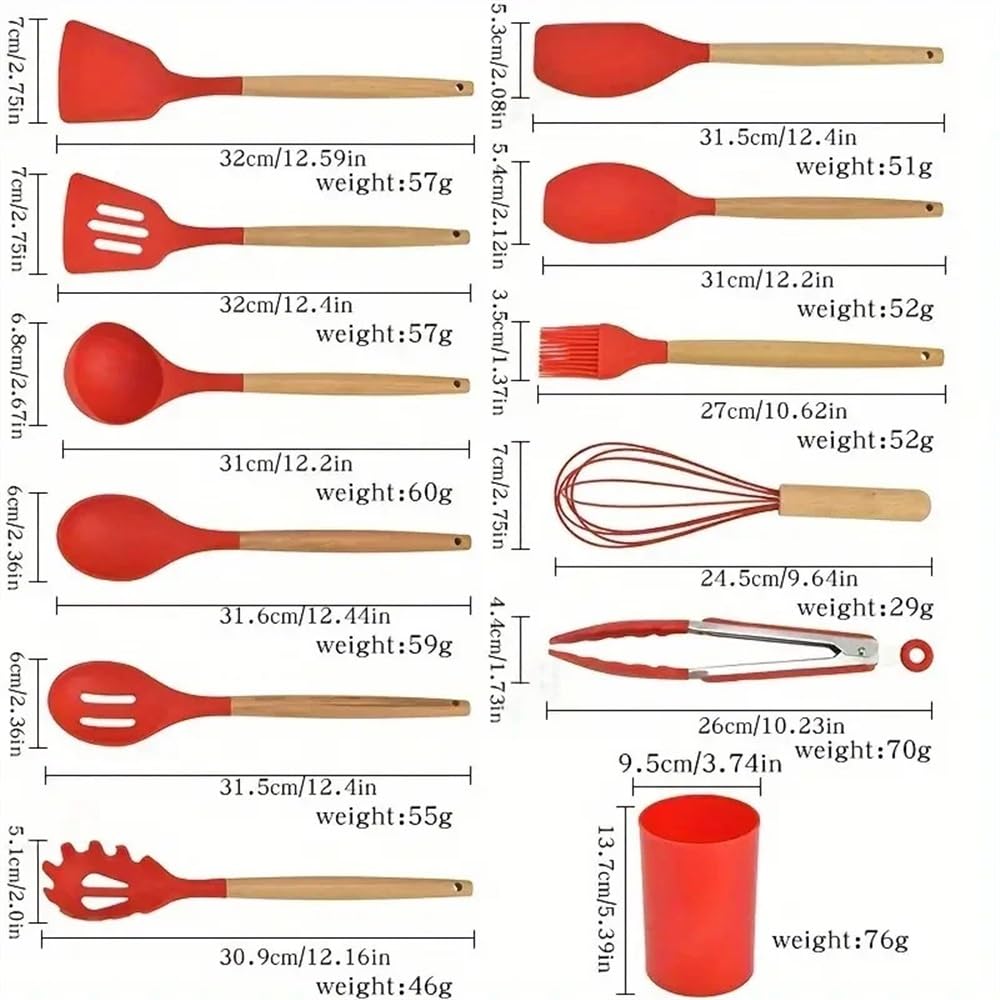 Silikon-Kochutensilien-Set mit Holzgriff, bunter Antihaft-Topf, spezielles Kochutensilien-Set, hitzebeständig (12 Stück, Khaki)