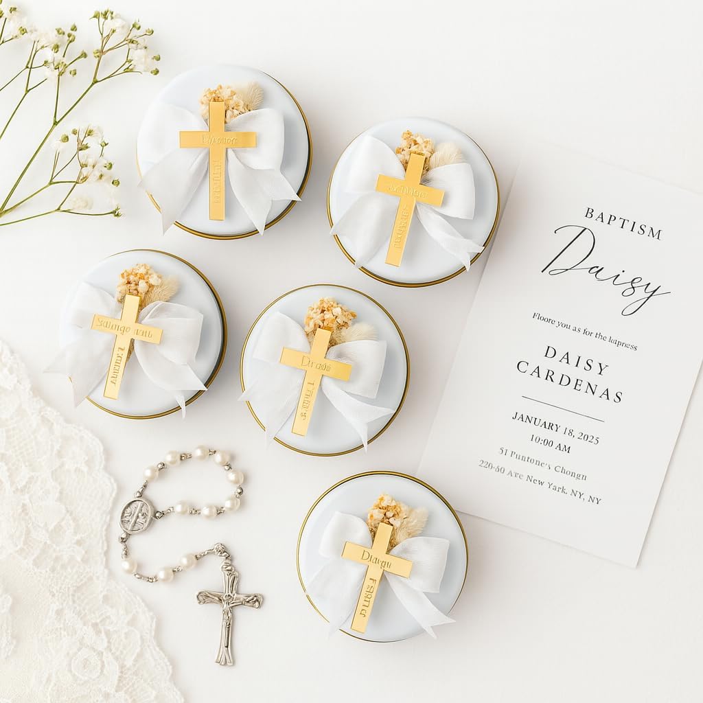 Christening & Baptism Candle Favor Set – Personalized Cross Ribbon Candles for Guests