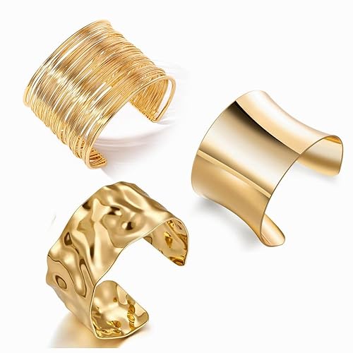 Abiotp 3PCS Gold Chunky Cuff Bracelets for Women Irregular Minimalist Statement Bangle Bracelets Set Open Wide Bangle Arm Cuff Upper Arm Punk Jewelry - 3PCS Chunky Gold Cuff Bracelets