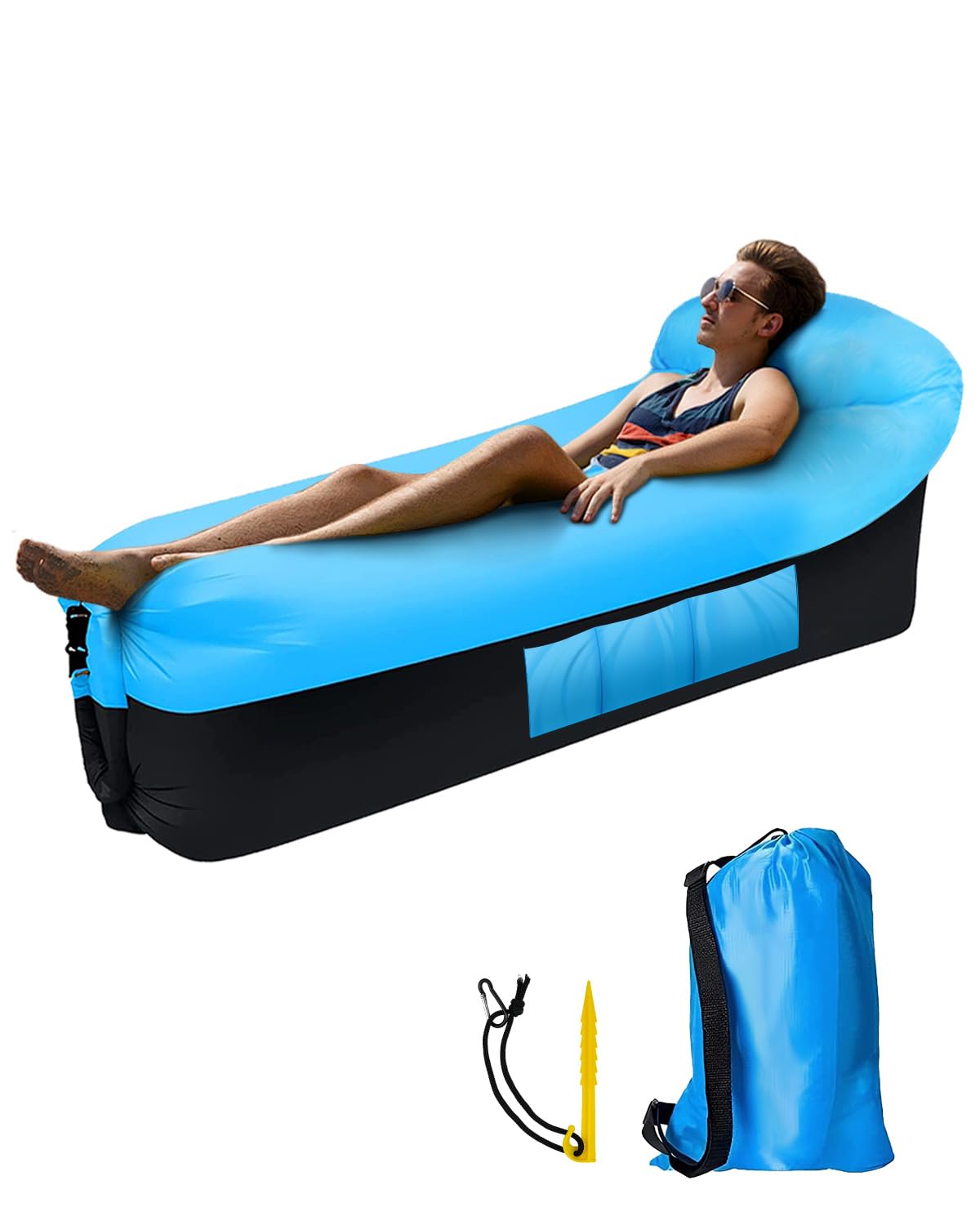 Inflatable Lounger Air Sofa with Portable Carry Bag, Waterproof Anti-Leak Air Couch with Headrest & Side Pockets, Portable Lazy Lounge Chair for Camping, Beach, Garden and Outdoor Relaxation, Blue