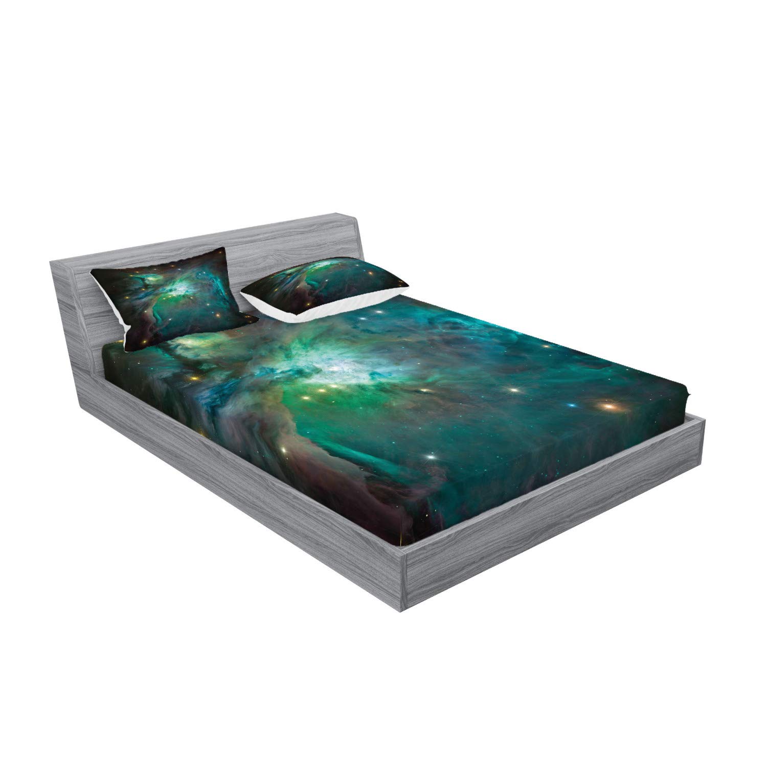 Ambesonne Space Fitted Sheet & Pillow Sham Set, Majestic Orion Nebula Dust Cloud Celestial Energy Plasma Astronomical Object Picture, Decorative Printed 3 Piece Bedding Decor Set, King, Green Teal