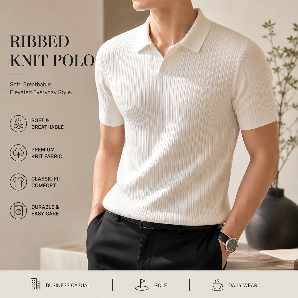 Men's Knit Polo Shirt, Cotton Blend, Classic Fit | Breathable soft fabric. Short sleeve. Ideal for casual and golf.