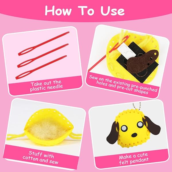 Vicloon First Sewing Kit for Kids, 12-Piece Cute Animal Keychain Sewing Craft Kits, Fun Sewing DIY Kits, Introduction to Sewing Kit for Kids Age 5-12 Learn to Sew Arts and Crafts - 3