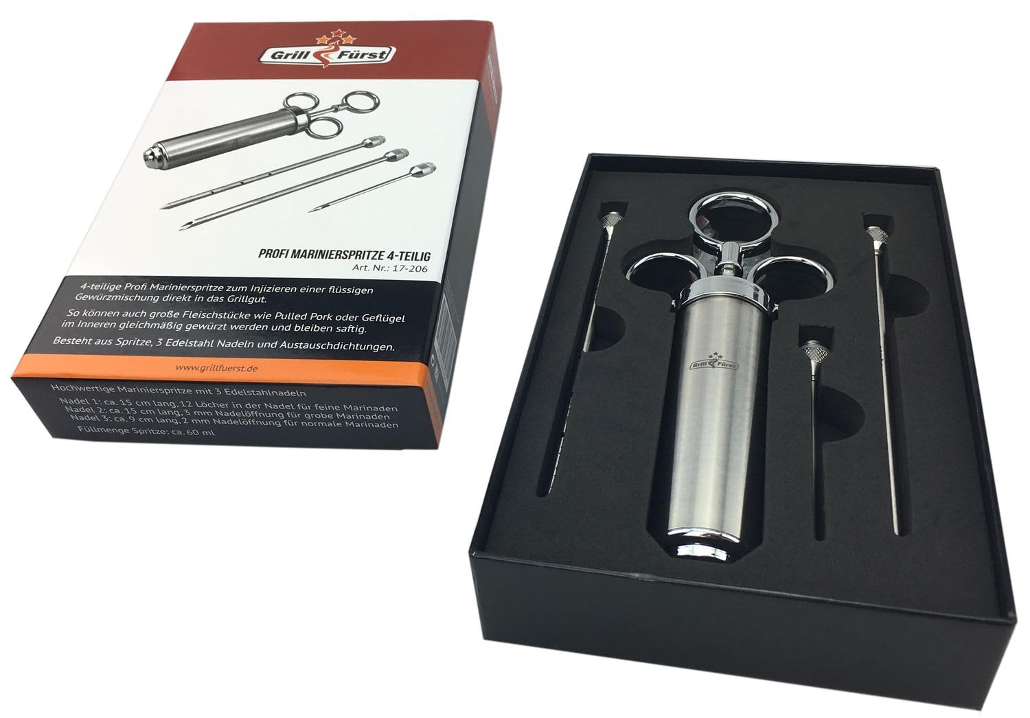 Grillfürst siringa per marinate in Acciaio Inox 60 ml Set 3 Aghi per arrosti BBQ