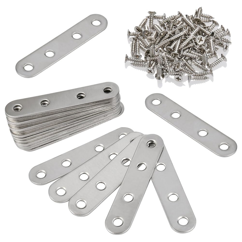 Flat Brackets for Wood 20PCS Flat Connecting Joining Plates 75 x 16 x 1.5mm, Metal Brace Bracket Heavy Duty Sleeper Bracket Stainless Steel Mending Plates for Connector for Wood Fixing with Screws