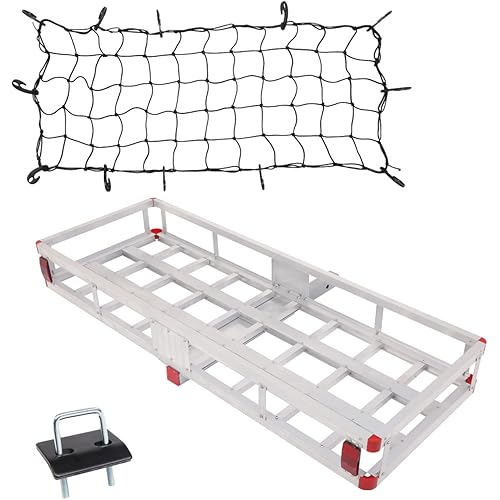 TUFFIOM 60"x 22" Hitch Mount Aluminum Cargo Carrier with Net & Stabilizer, 500 Lbs Capacity Trailer Hitch Steel Luggage Rack Basket, for SUV Truck Car w/ 2” Hitch Receiver, Travel Camping Road Trip