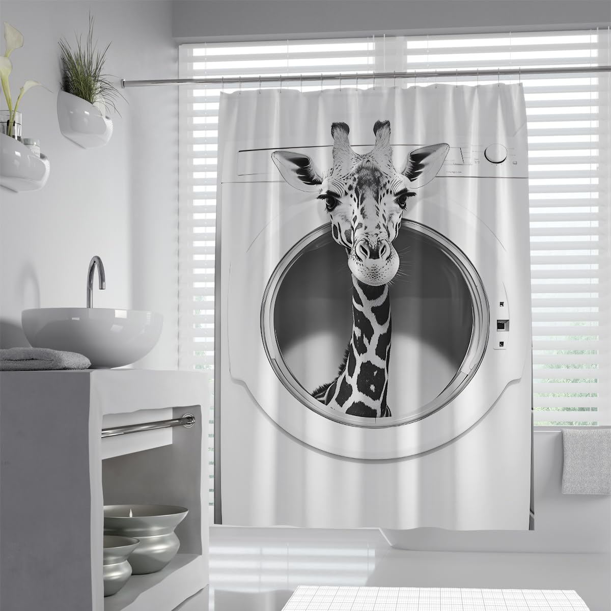UIRINGART Giraffe Shower Curtains W90xL180cm Funny Wild Animal Looking Out Washing Machine Waterproof Quick Dry Easy Clean Fabric Bath Curtain for Caravan with Hooks