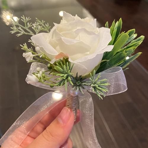 Miniatura 5 de WEISPARK Juego de ramillete de muñeca y boutonniere de rosa marfil, pulsera y boutonniere para hombre, accesorios de flores de boda blancas,