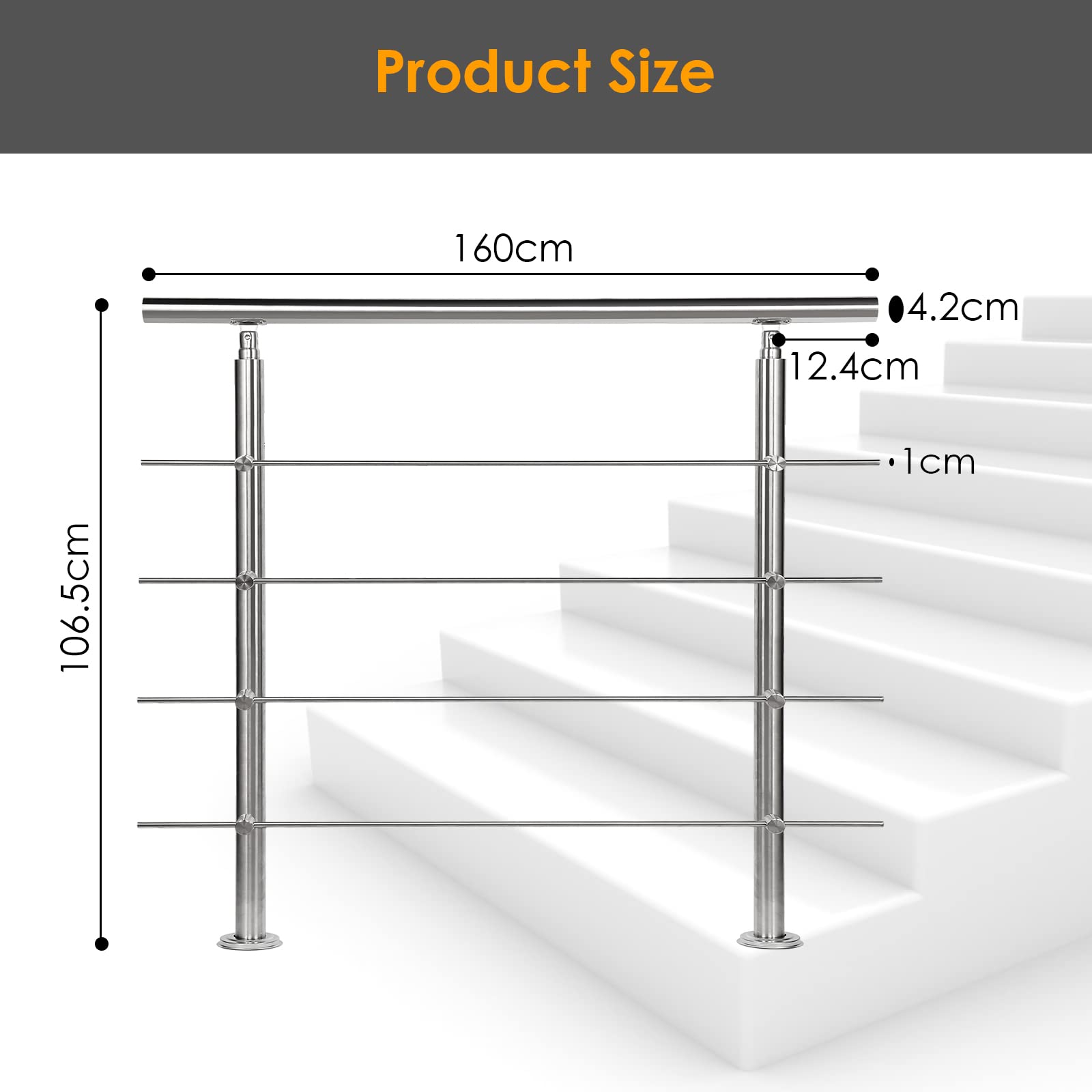 Sonnewelt Poręcz ze stali nierdzewnej, poręcz schodowa, 160 cm, z 4 poprzeczkami, materiał montażowy, poręcz ścienna, uchwyt ścienny, do wewnątrz i na zewnątrz
