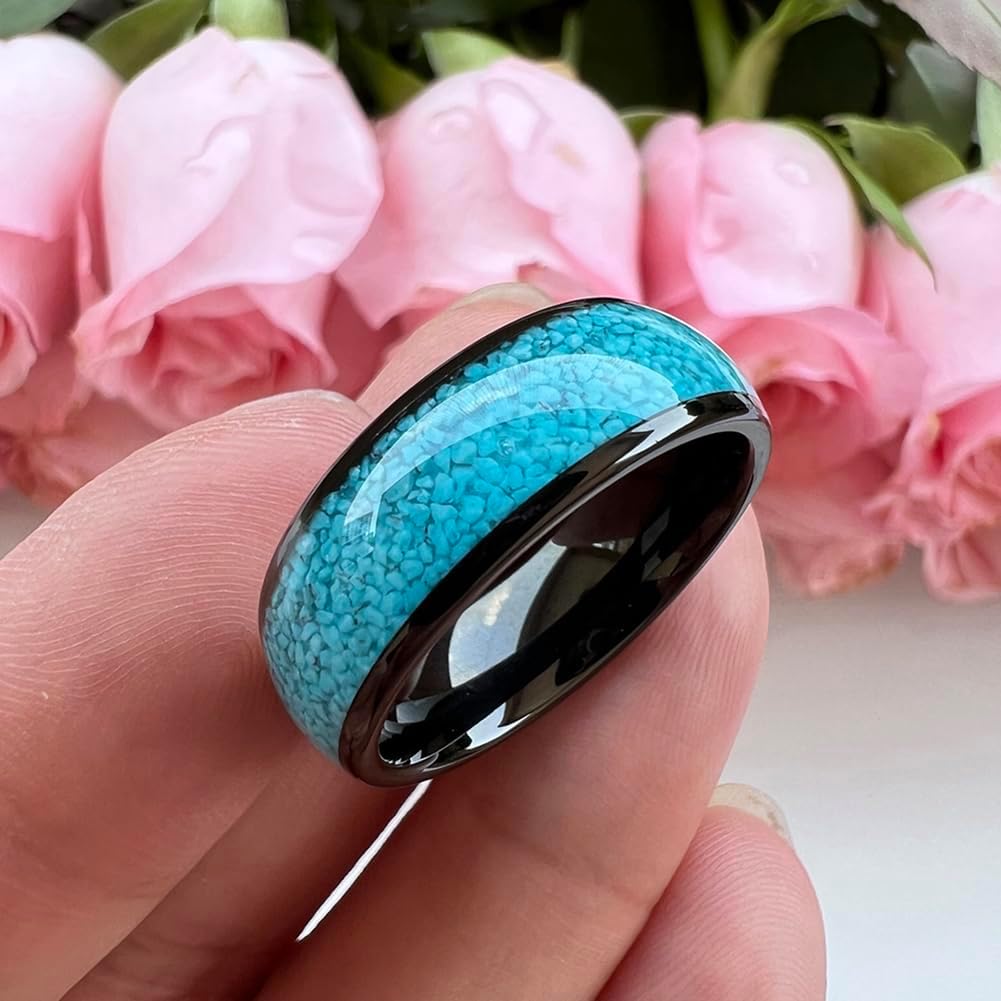 TUTISS 4mm 6mm 8mm Tungsten Rings for Men Women Engagement Wedding Bands Crushed Turquoise Inlay Domed I Love You Engraved Comfort Fit