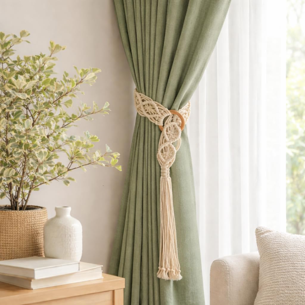 Handmade Macrame Curtain Tieback – Boho Cotton Rope Curtain Holder with Wooden Ring, Decorative Curtain Tie Back for Living Room, Bedroom, Balcony, Home Décor (Cream, Pack of 2)-image-23