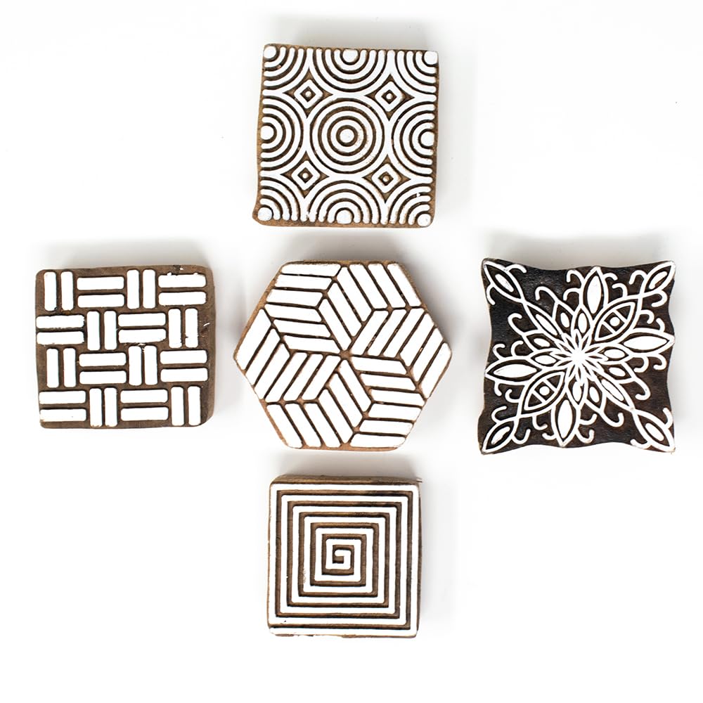 Hashcart | Set of 5 | Handcarved Wooden Multi Design Blocks for Scrapbooking/Wooden Stamps for Project Designing/Fabric Textile/Clay/Pottery Craft/Tattoo