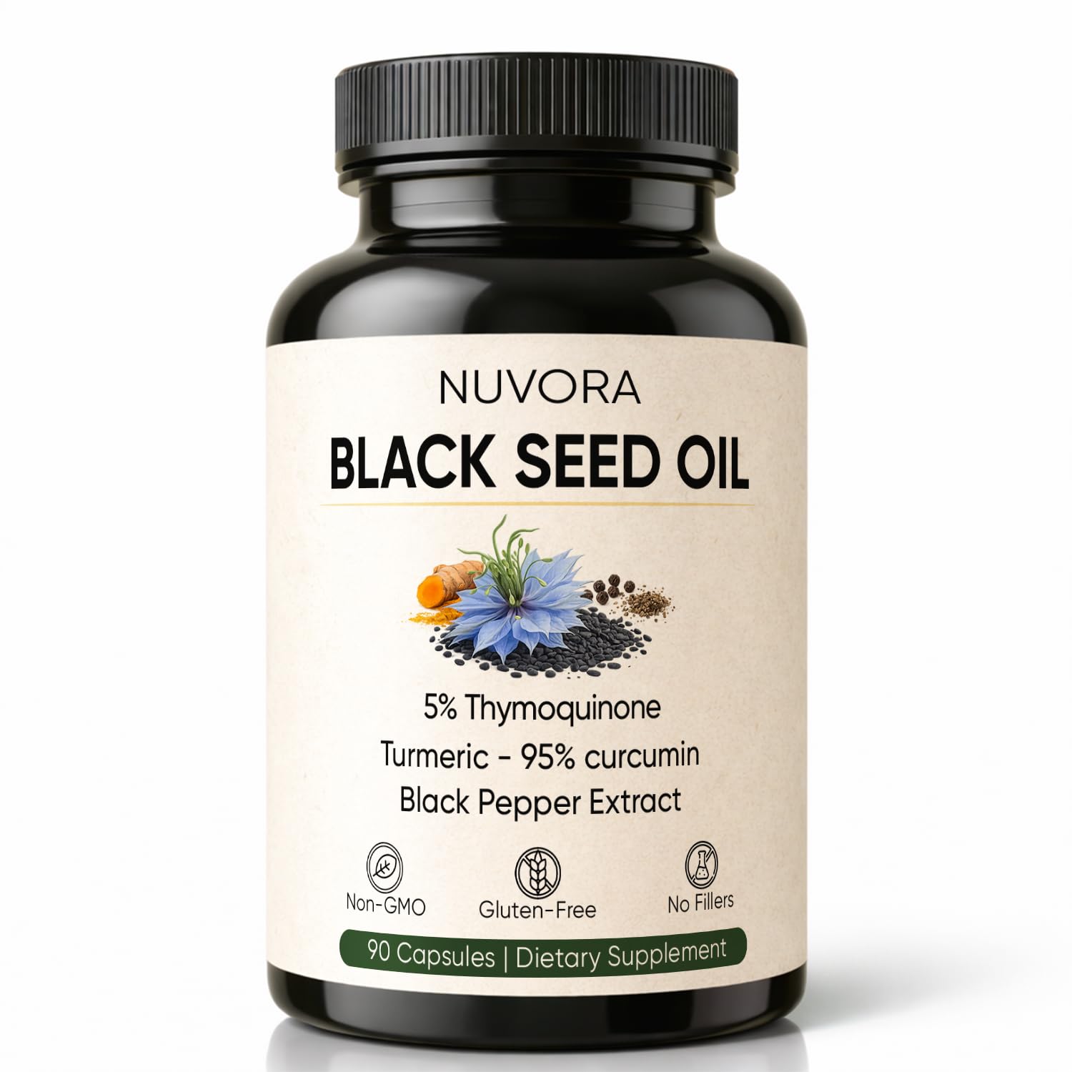 Nuvora Ethiopian Black Seed Oil - 5% Thymoquinone, Turmeric & Black Pepper, Cold Pressed, 90 Capsules 1