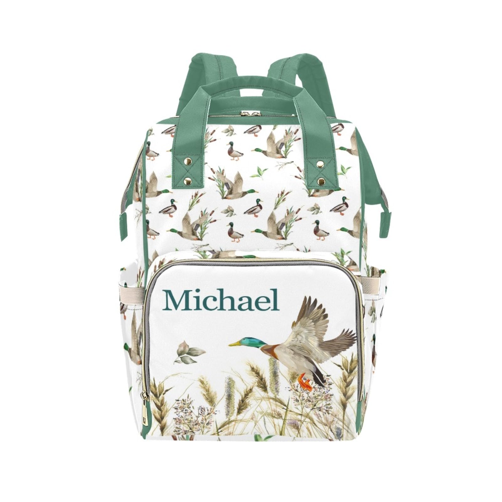 Custom Diaper Bag Backpack for Women, Personalized Name Nursing Mommy Daypack, Diaper Bag for Girls Boys, New Mom Gifts (Mallard Duck)