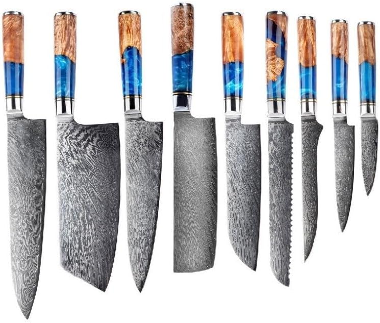 Juegos de cuchillos, 9 unids cuchillo de cocina conjunto de alto carbono japonés VG10 Damasco acero chef cuchillo resina mango cuchillo de cocina