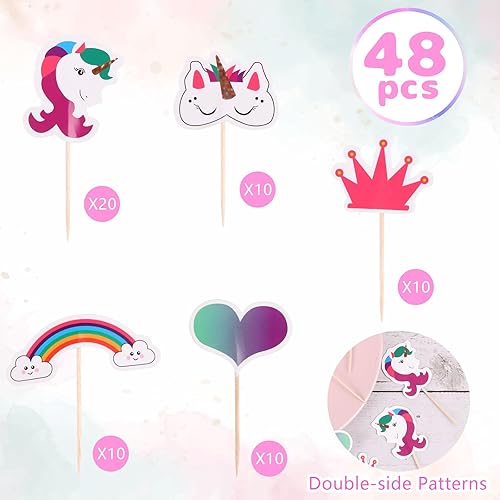 Miniatura 3 de CCINEE 48 piezas de decoración de unicornio arcoíris para cupcakes de papel de doble cara de unicornio para decoración de postres de fiesta de