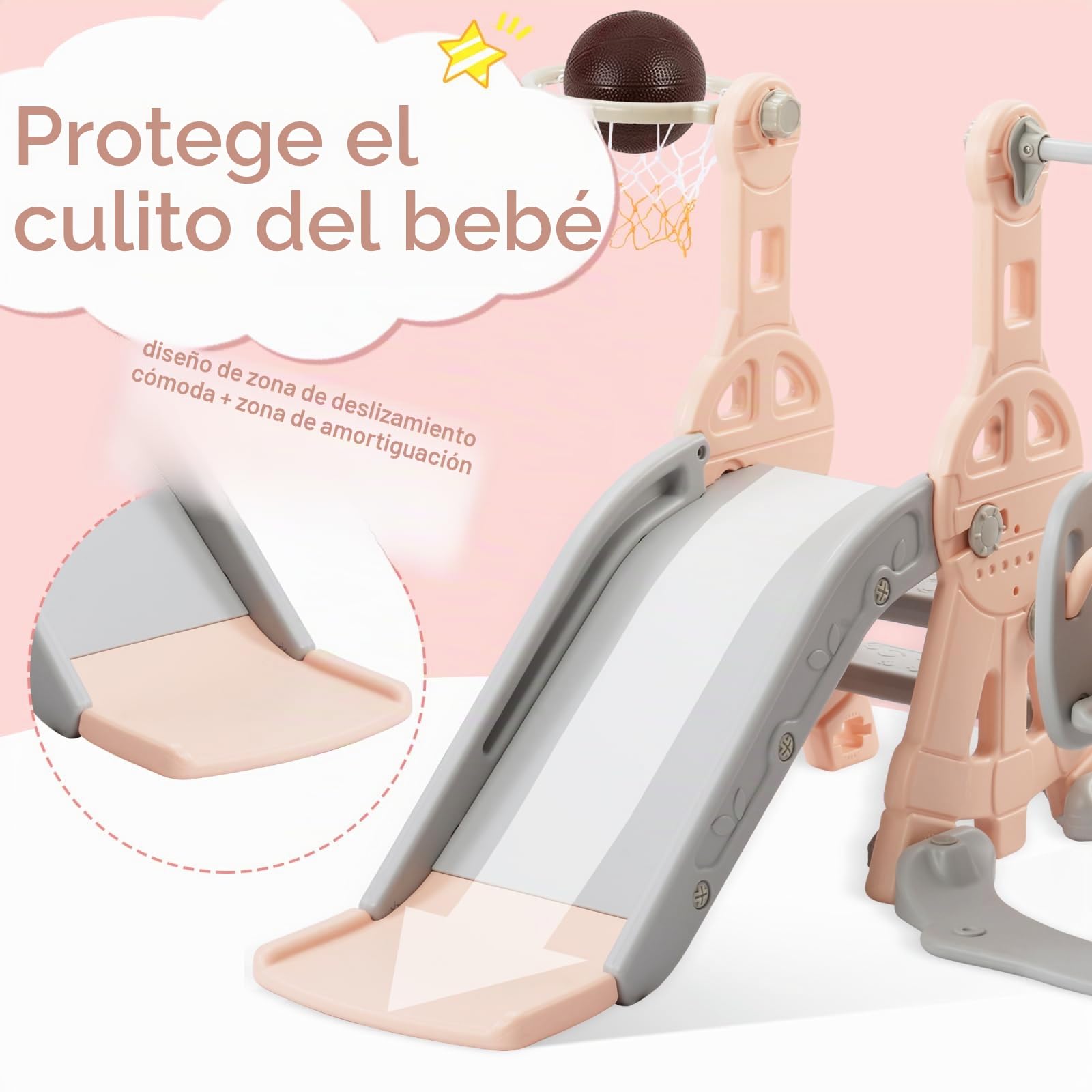 Tobogán infantil 4 en 1 con columpio y canasta de baloncesto, juego de tobogán para interiores y exteriores para niños con escalera, parque infantil para niños pequeños a partir de 1-6 años, rosa