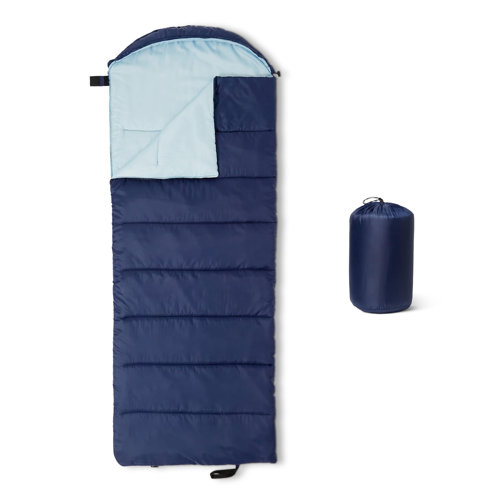 Amazon Basics sleeping bags for adults, camping essentials, 50 degree F / 10 degree C rated, Navy Blue, 84 x 31.5"