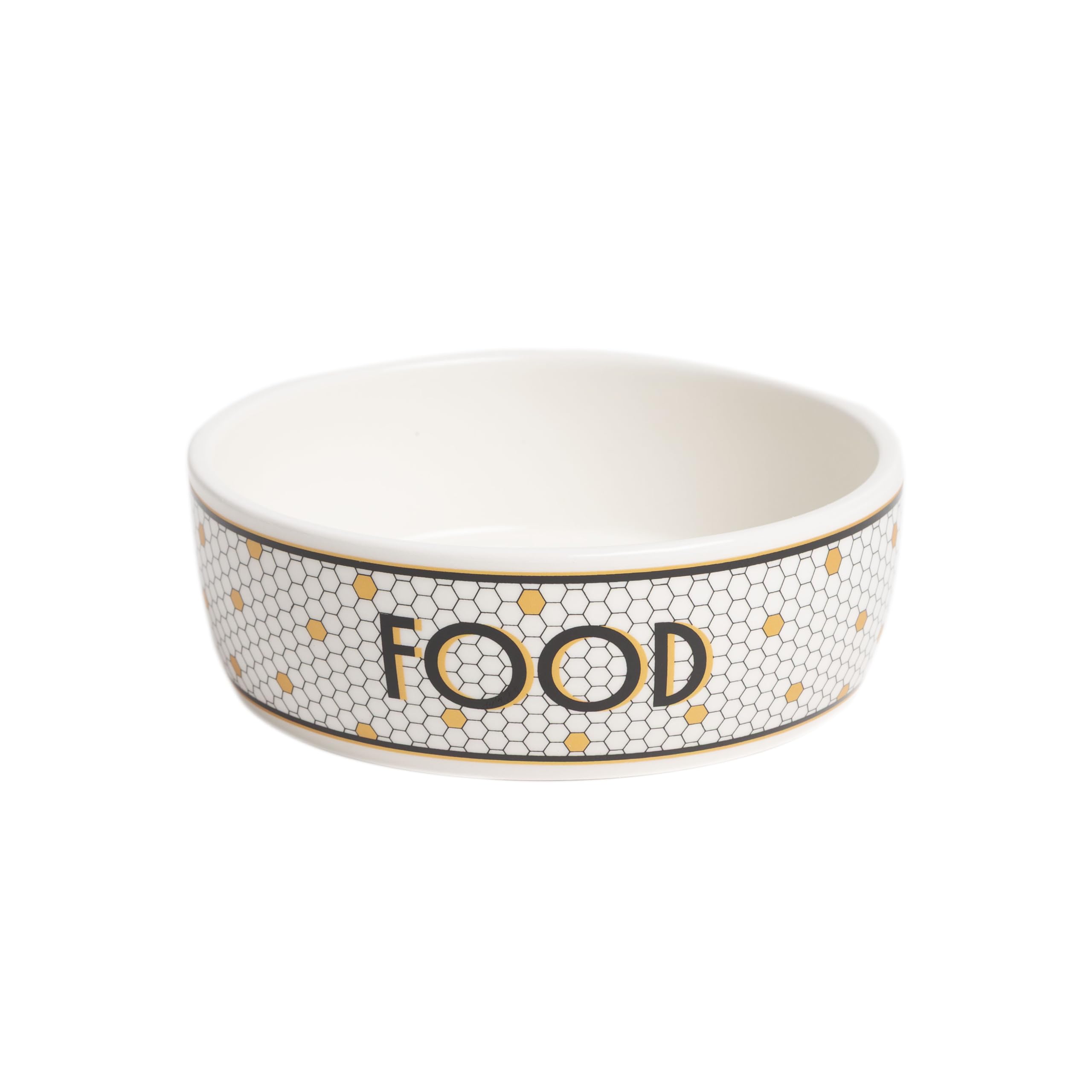 Pearhead Ceramic Dog Food Bowl – Bistro Tile Honeycomb with Gold Accents Stoneware Pet Food & Water Bowl for Small Dogs, Weighted Non-Plastic Feeding Dish, Small/Medium (532 ml)