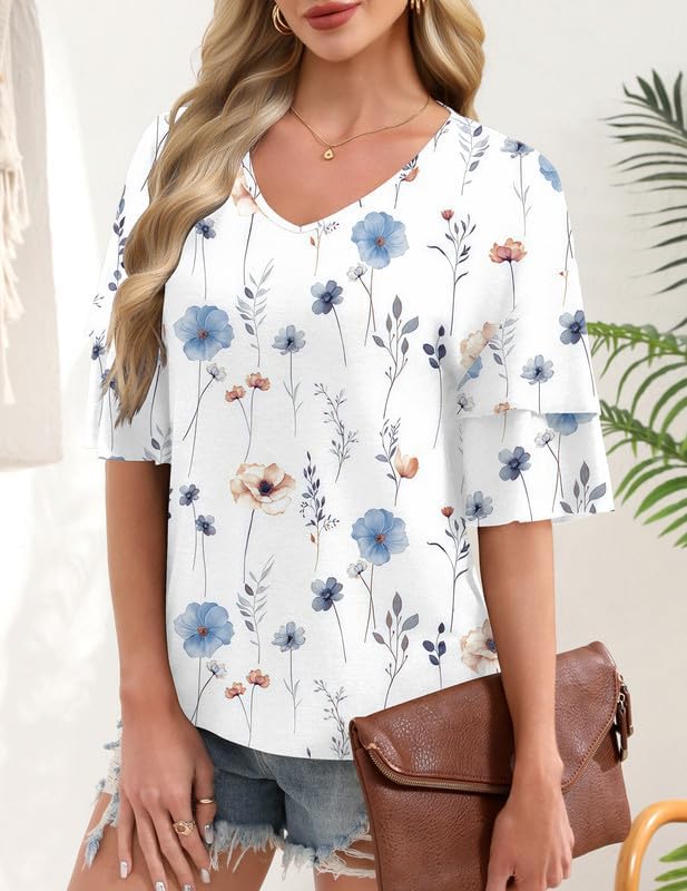3/4 Length Sleeve Womens Tops Summer V-Neck Blouses Spring Ruffle Sleeve Tunic Casual T Shirts Bell Sleeve Cute Tee - Image 3