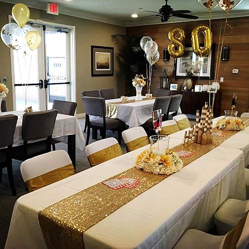 Miniatura 7 de JYFLZQ Camino de mesa de lentejuelas doradas de 12 x 72 pulgadas, paquete de 5 manteles de tela con lentejuelas brillantes, caminos brillantes para