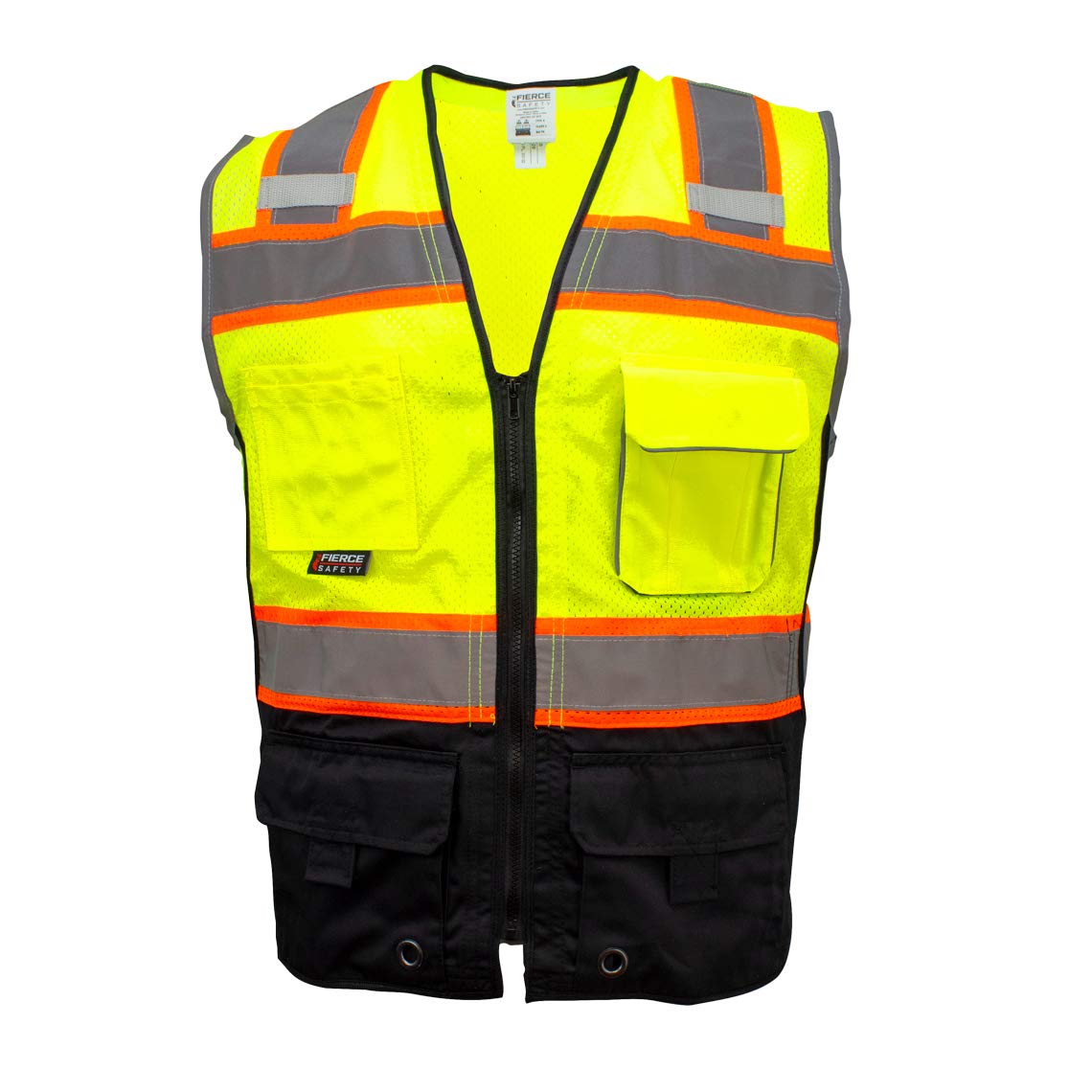 Fierce Safety SU400G Superior Surveyors Class 2 Meshed Two Tone Black Bottom Vest and Tablet Pockets | 100% Polyester Optimal Breathability | Meets ANSI/ISEA 107-2015 Standards
