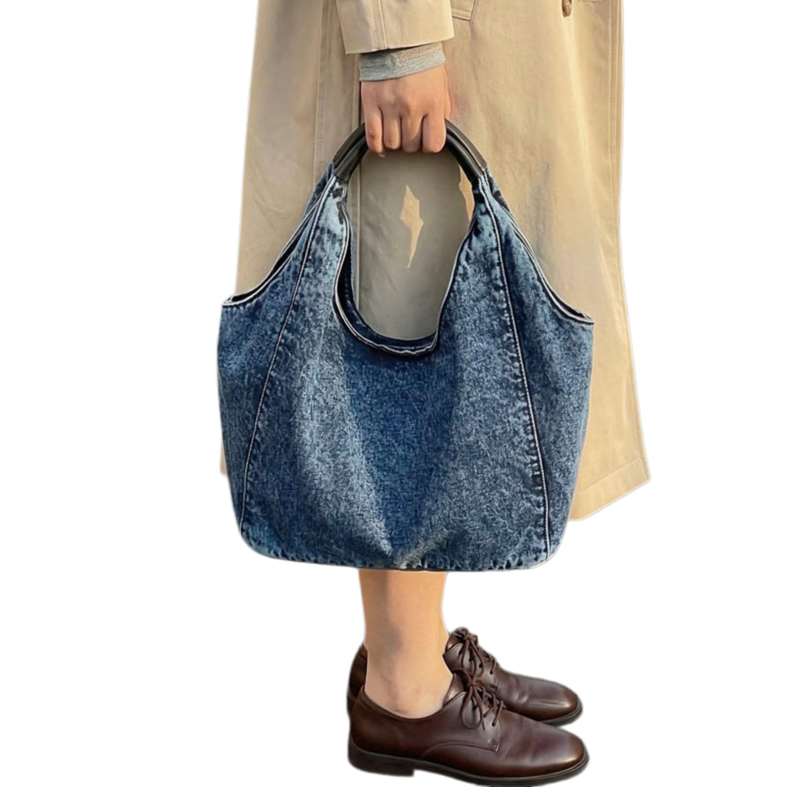 Beauty Case Borsa A Spalla in Denim Casual per Le Donne, Tote Spaziosa con Design retrò Lavato Uso Quotidiano-heihuise-44cmx23cmx13cm