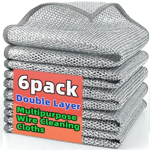 VIZAG Non-Scratch Stainless Steel Dishwashing cleaning cloths – Set of 6 Double-Layer Wire dishcloth for Wet & Dry Use – Multipurpose Scrubbers scourers cloth for Cookware, Sinks, and Stove Tops(6)