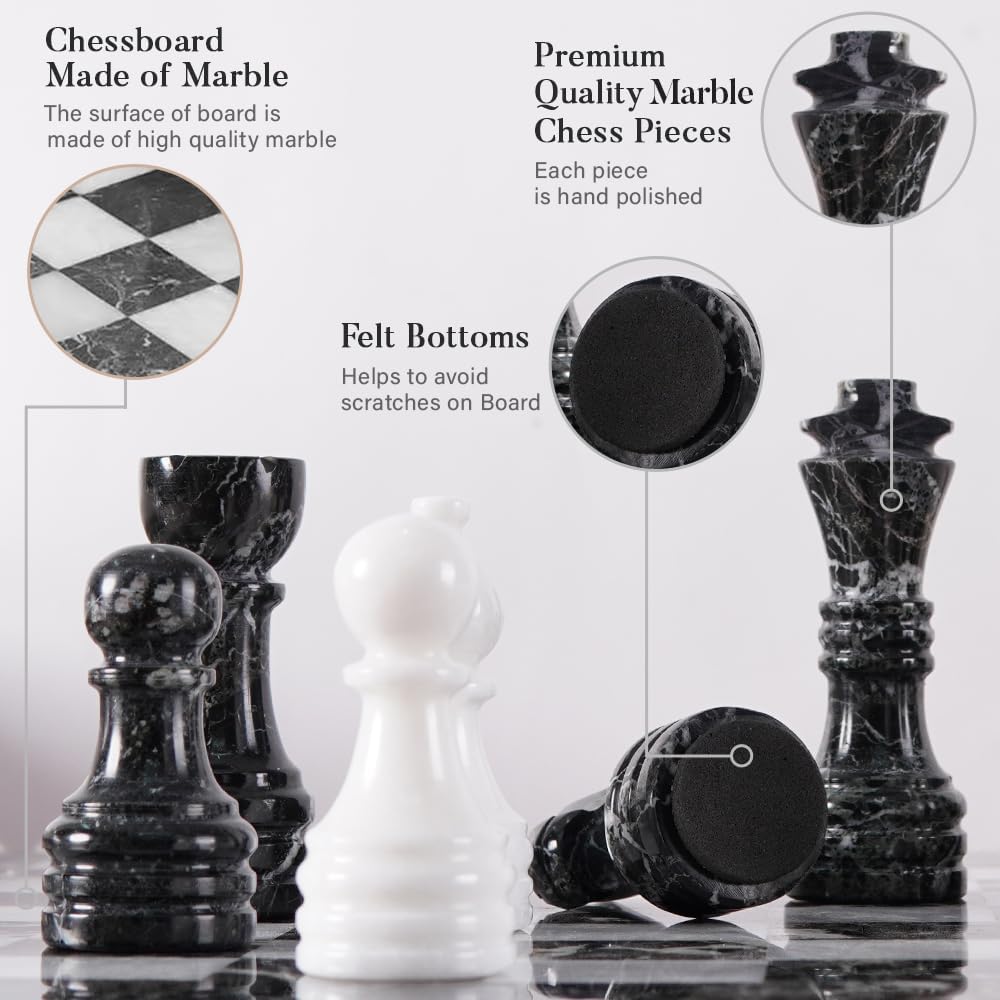 Marble Chess Set 15" Black Zebra & White with Storage Box Chess Board Games for Beginners & Professional Players, Ideal Marble Chess Board Game Set & Chess Pieces for Chess Players