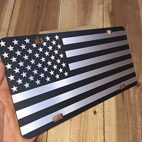Jass Graphix Not Made In China American Flag License Plate Matte Black On 1/8" Brushed Aluminum Composite Heavy Duty Tactical Patriot Usa Car Tag (Black On Brushed) #TOP2