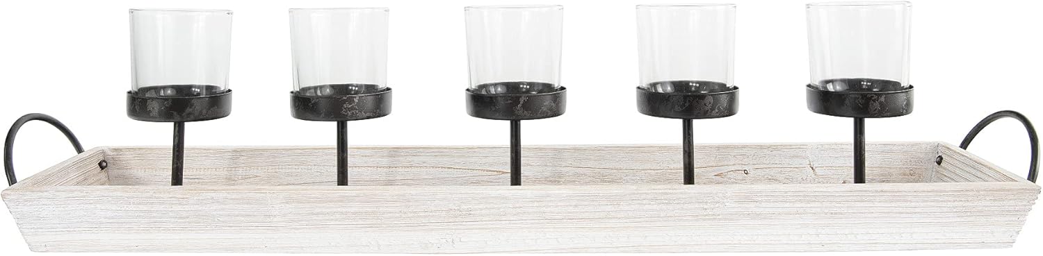 Creative Co-Op 5 Metal Votive Candle Holders in Rectangle Wood Tray with Handles
