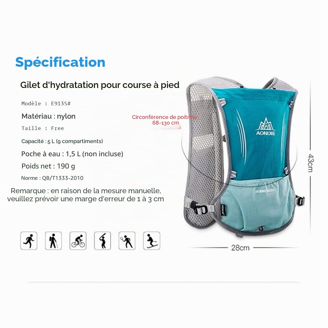 AONIJIE 5L Gilet Hydratation Running Femme et Homme Bretelles de Poitrine Réglables Léger et Réfléchissant Gilet de Course Marathon Randonnée