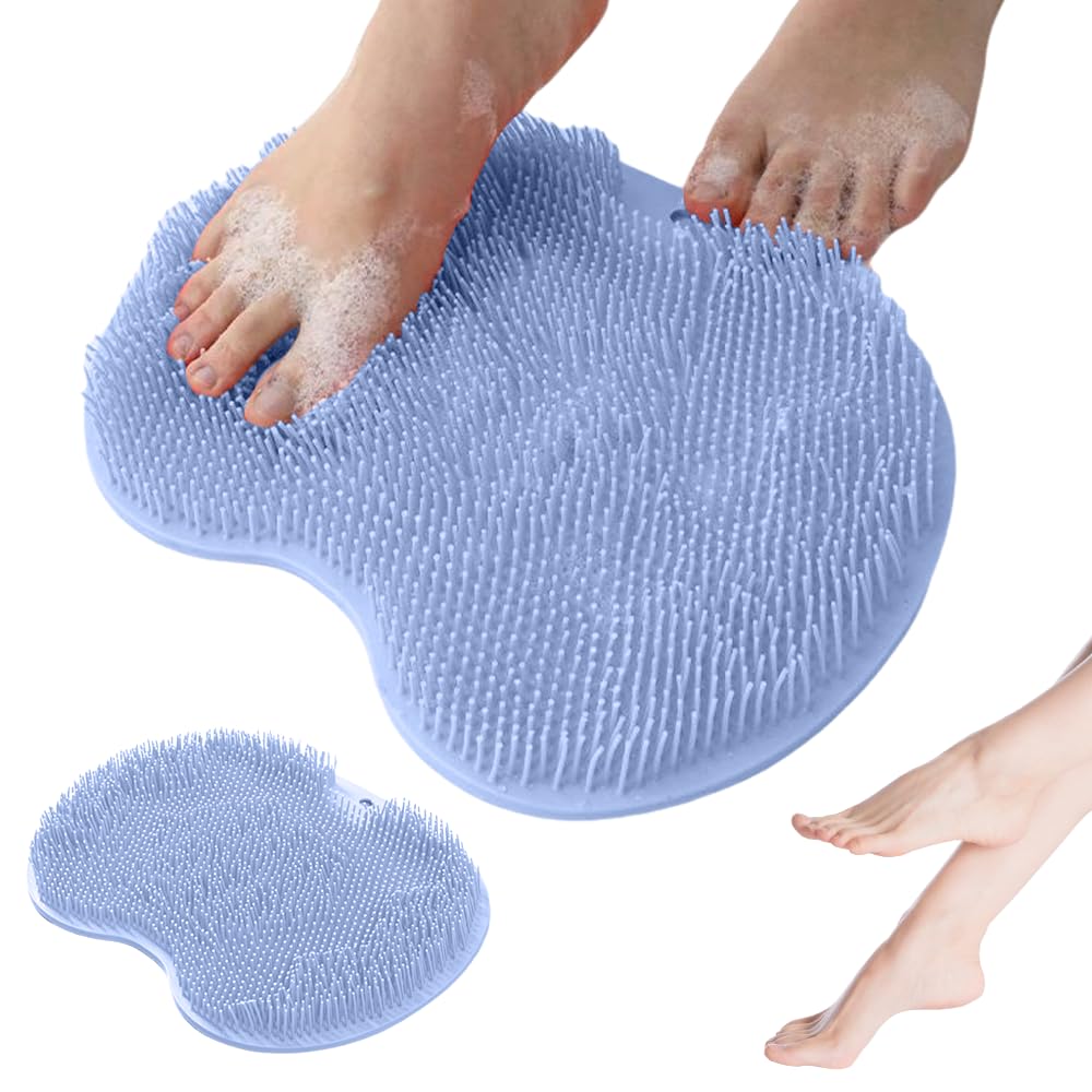 Shower Foot Scrubber Mat, 2025 New Foot Back Cleaning Pad Back Washer with Non-Slip Suction Cups, Wall Mounted Exfoliating Bath Wash Pad for Men and Women (Blue)