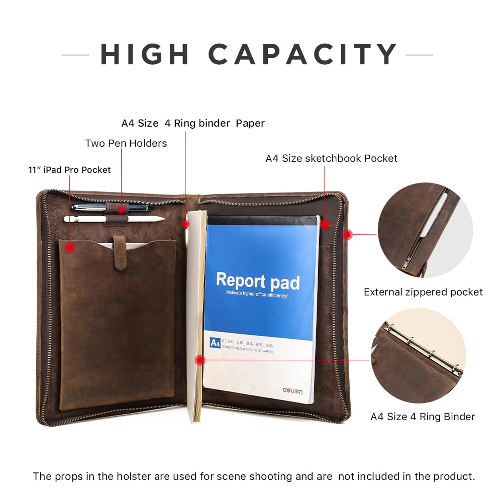 Hiram Cartella portadocumenti in pelle A4 con cerniera, multifunzione, con tasca per schizzi formato A4, tasca per tablet da 28 cm e raccoglitore a 4 anelli