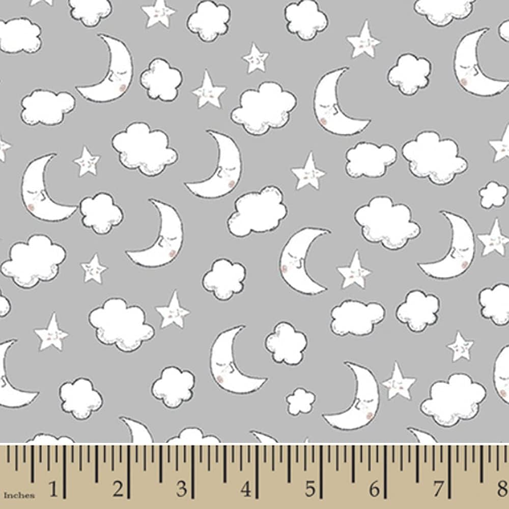 Flannel Comfy Sleeping Moon Star Cloud Gray Fabric AE Nathan Sold by The Yard
