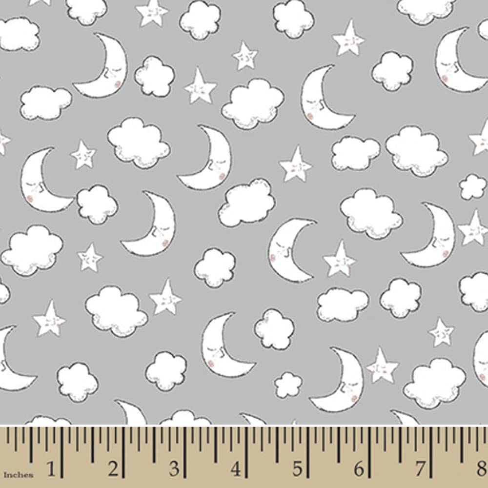Flannel Comfy Sleeping Moon Star Cloud Gray Fabric AE Nathan Sold by The Yard