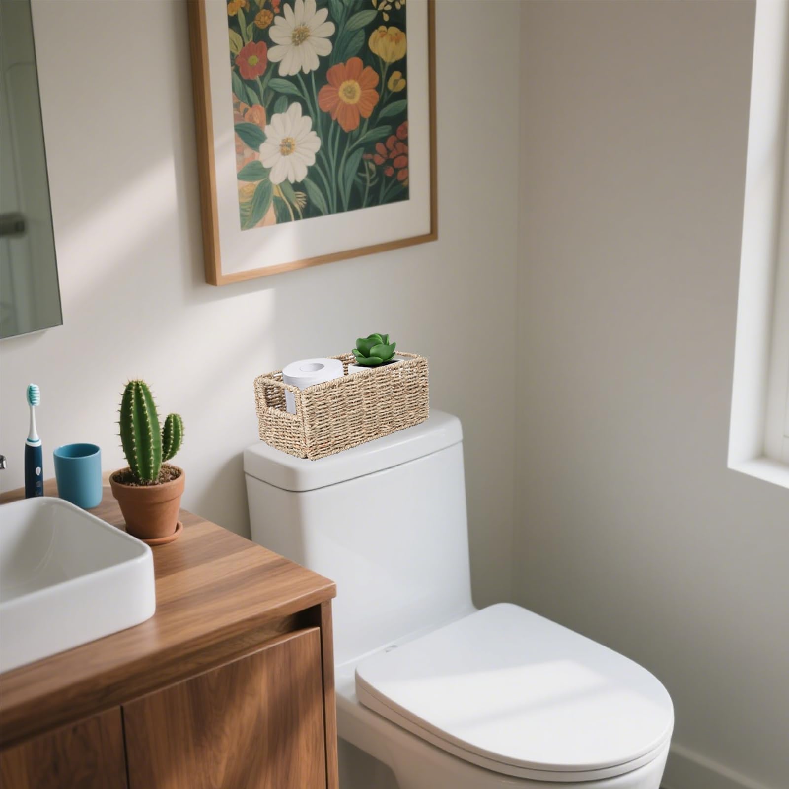YRMT Small Seagrass Storage Basket Toilet Paper Baskets with Built-in Handles Bathroom Organizer Narrow Baskets for Organizing Toilet Tank 2 Pack (Seagrass)