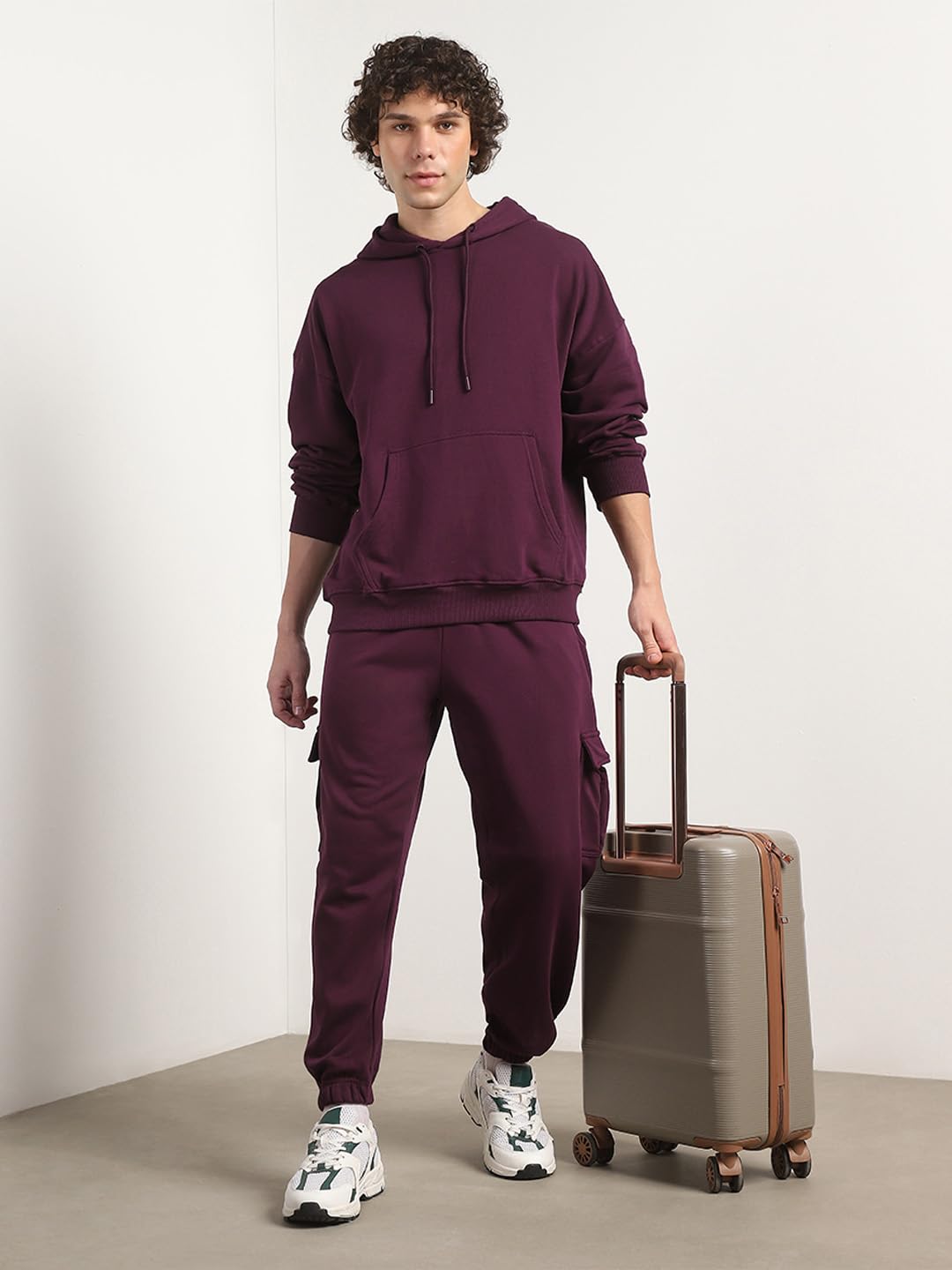 NOBERO Men Oversized Fit Sweatshirt-Joggers Coord Set(1M-LWCS-R0193-MP4_Midnight Plum_L)