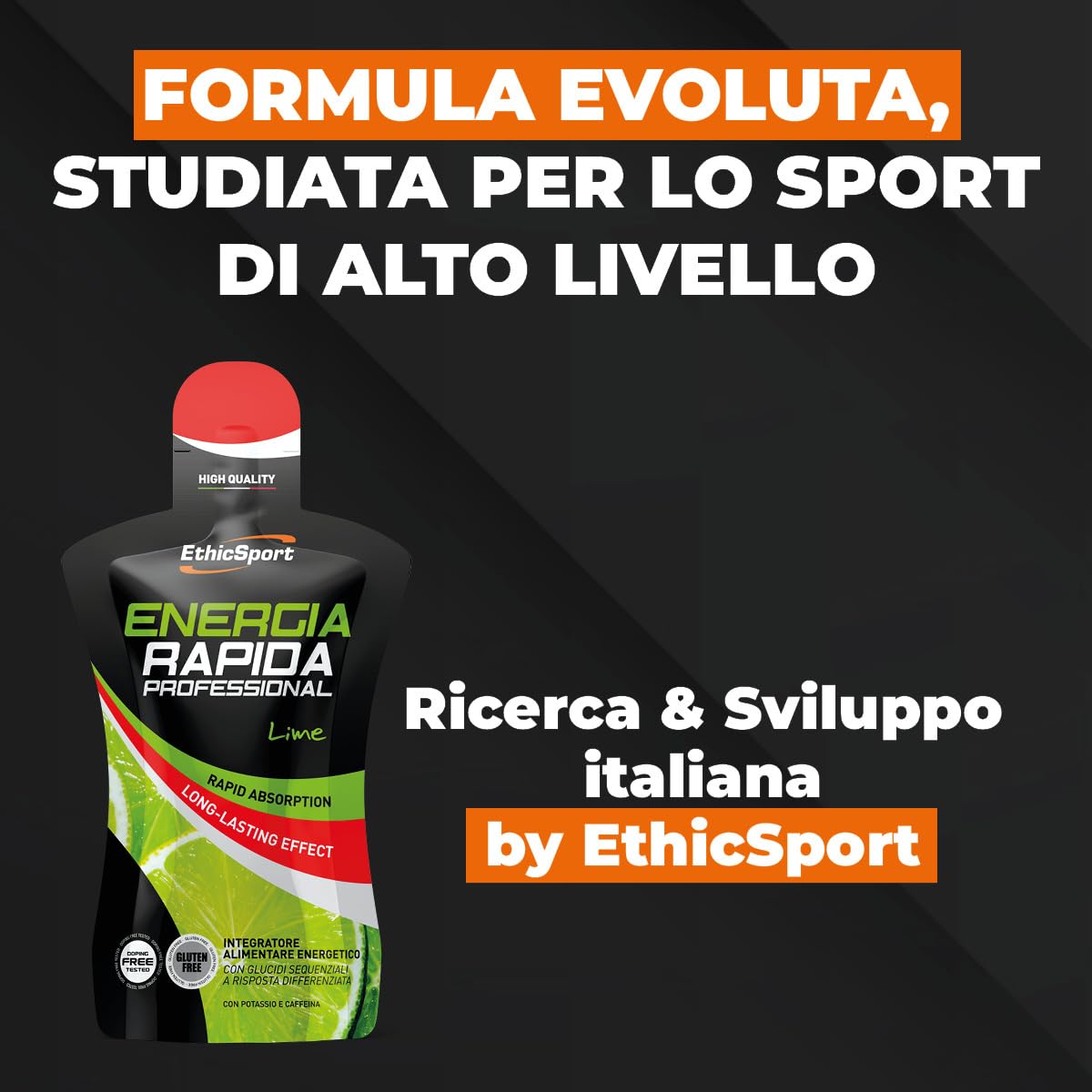 EthicSport Energia Rapida Professional – Integratore energetico liquido con carboidrati sequenziali e caffeina – Energia pronta e duratura per attività di resistenza – 15 pack da 50 ml - Gusto Lime