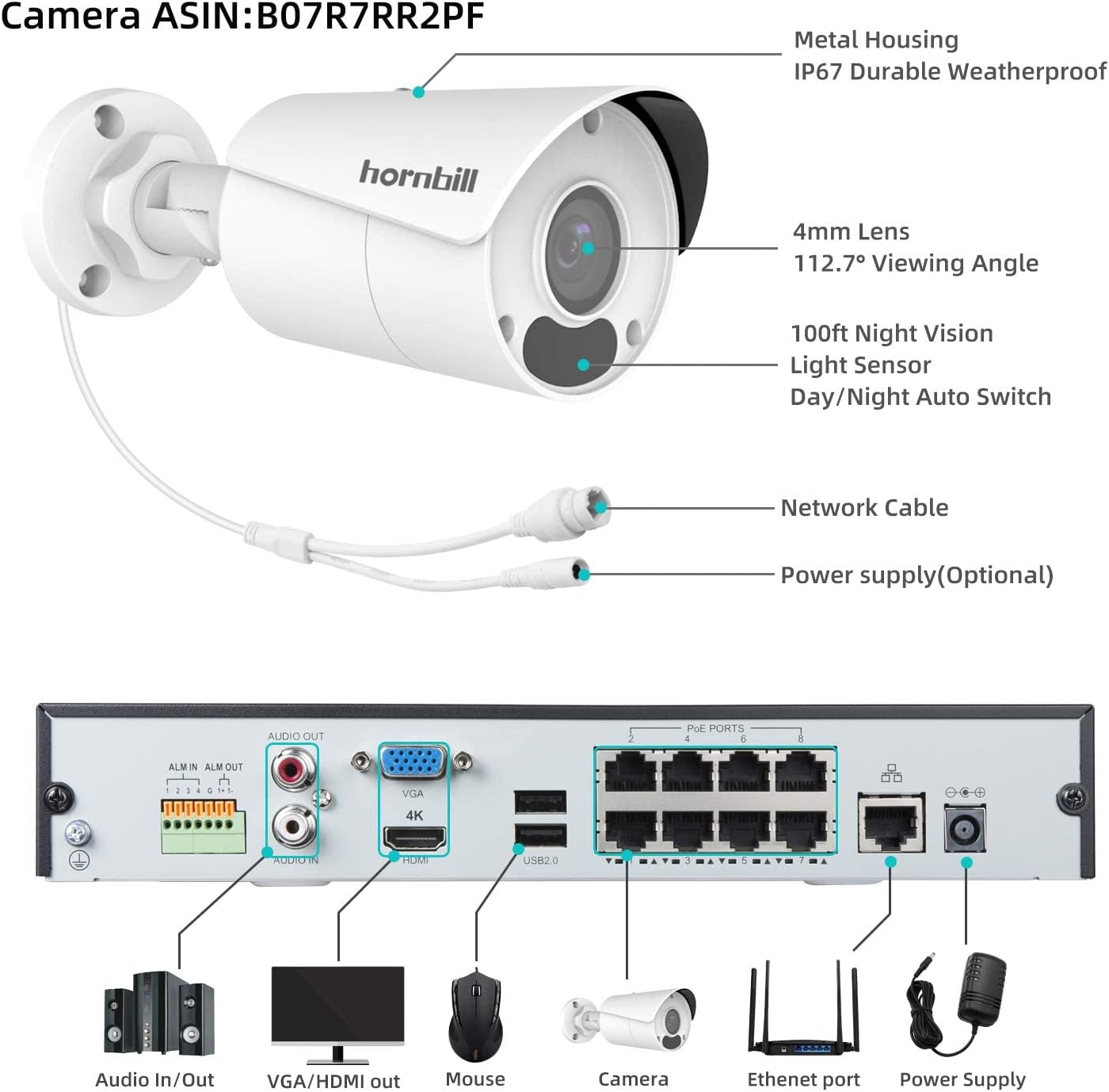 4K PoE Security Camera System Hornbill 8MP Security Camera System Outdoor 4K Home Security System 8CH 4Pcs Wired IP Cameras with Night Vision 2TB Hard Drive