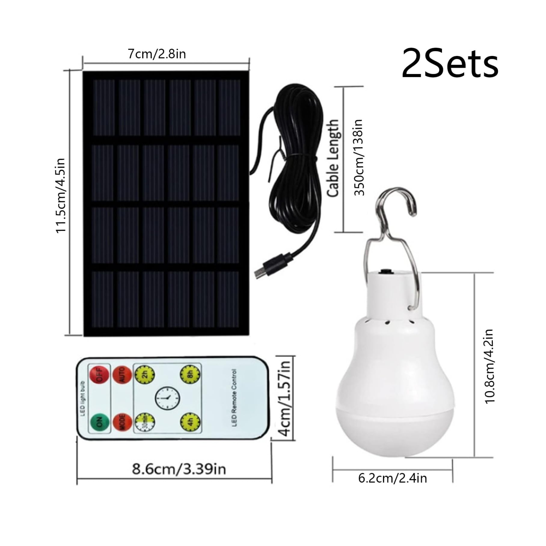 NIDONE Lampadine solari da 2 pezzi per esterni, luci solari portatili con pannello e telecomando, lampadine ricaricabili tramite USB con gancio per tenda da campeggio di emergenza