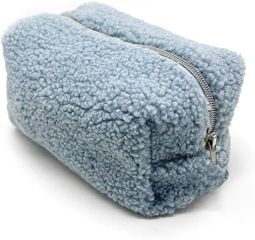 Bolsa de maquillaje a cuadros, felpa azul, esponjoso, con cremallera, bolsa de almacenamiento portátil para el cuidado de la piel, bolsa de