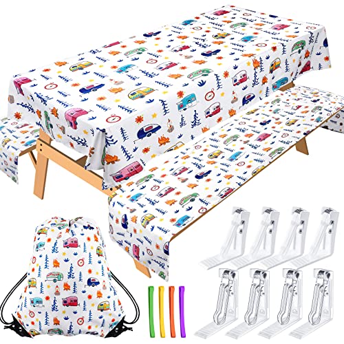 Tudomro Camping Tablecloth with Picnic Bench Covers, Picnic Table Cover Fits 4ft to 7ft Picnic Tables, Washable Reusable Polyester Table Cloth for Camping Included Storage Bag and Clip (Cute Style)
