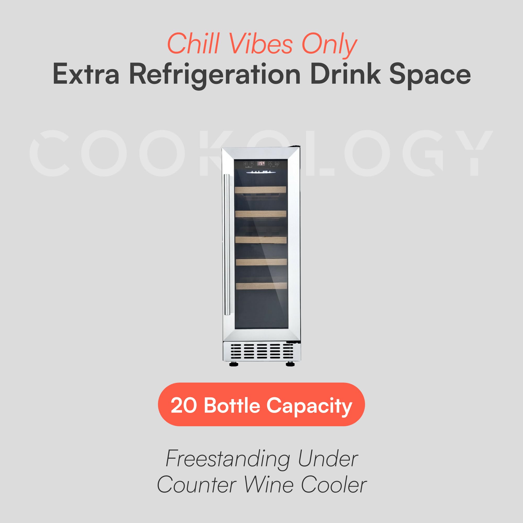Cookology CWC300SS Freestanding Under Counter Fridge Cabinet 30cm Wine Cooler in Stainless Steel - 20 Bottle & 60 Litre Capacity - 5 Sliding Shelves - Digital Temperature Control - Reversible Door — view 2