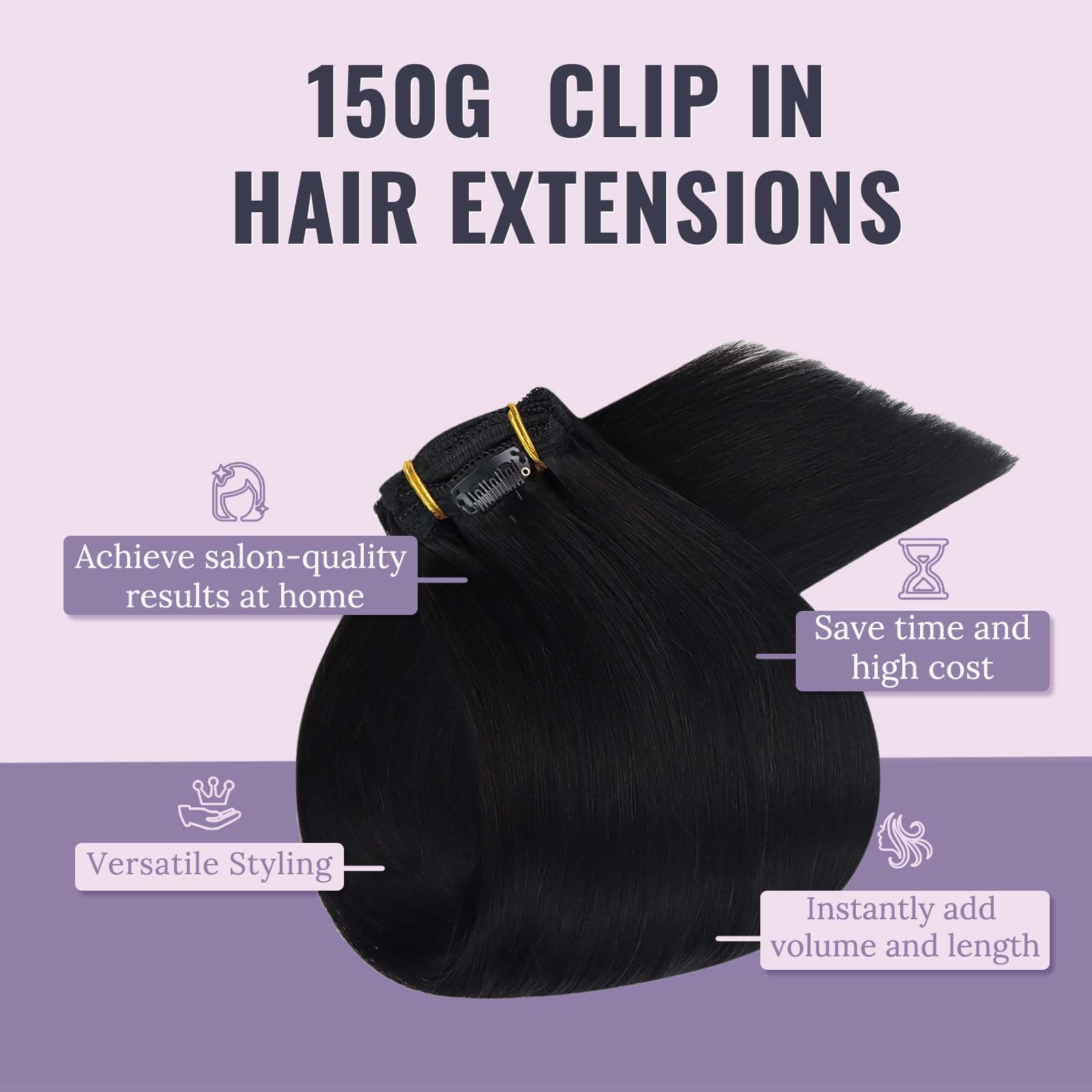 Fshine Lisci Capelli Clip Estensioni Dei Capelli Umani Reale Capelli Veri 22 Pollici Extension Lisce 150G Lisci Capelli Nero Naturale Extension Veri 7 Pezzi Full Head Double Weft Extension Clip 1B