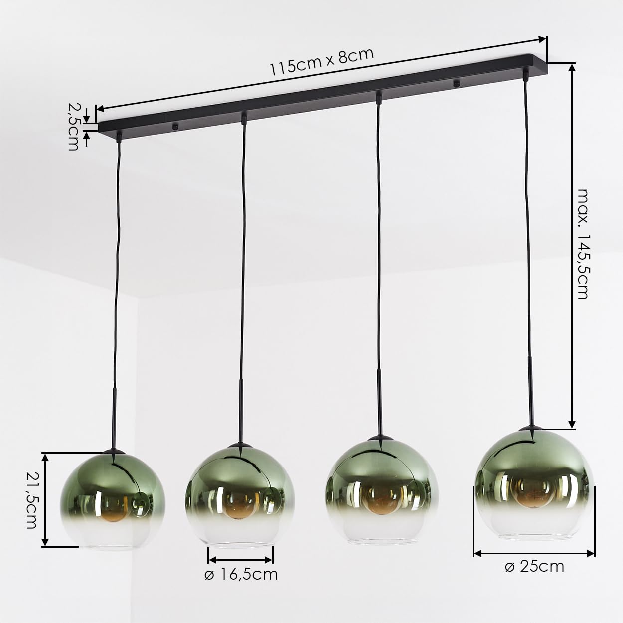 HOFSTEIN Hängeleuchte Koyoto, 4-flammige Hängelampe aus Metall/Glas in Schwarz/Grün/Klar, moderne Pendelleuchte im Retro/Vintage-Design (Schirme Ø 25 cm), E27, Esszimmer, Küche, Wohnzimmer