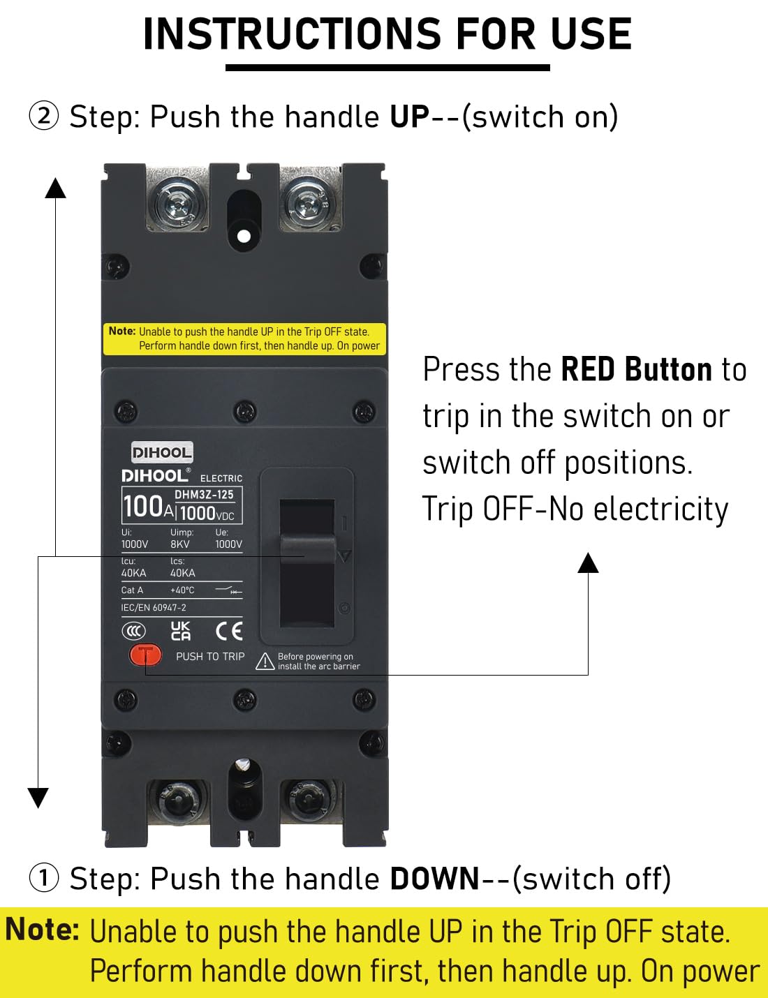 DIHOOL 100 Amp DC Circuit Breaker 100A Disconnect Switch Dual Pole 1000V