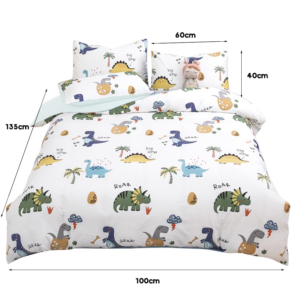 Biancheria Letto Bambini Dinosauro - Set 2 Pezzi (100x135 Cm + 40x60 Cm) Cotone, Zip E Reversibile - Foto 2